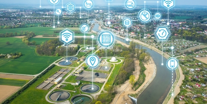 Dashboard of Netilion Water Network Insights in front of a water reservoir